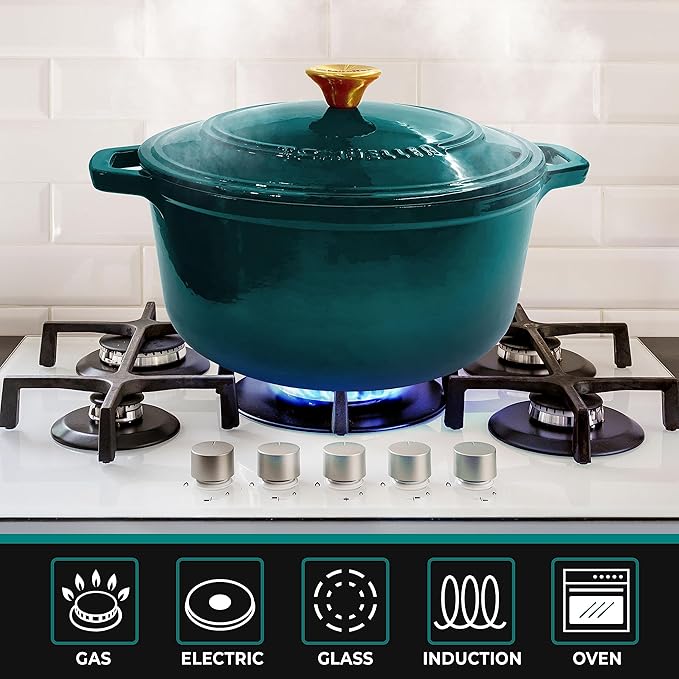 Mueller DuraCast 6 Quart Enameled Cast Iron Dutch Oven Pot with Lid, Sourdough Bread Baking, PFOA-Free, 500°F Oven Safe - All Cooktops incl. Induction, Braising & Slow Cooking, Emerald