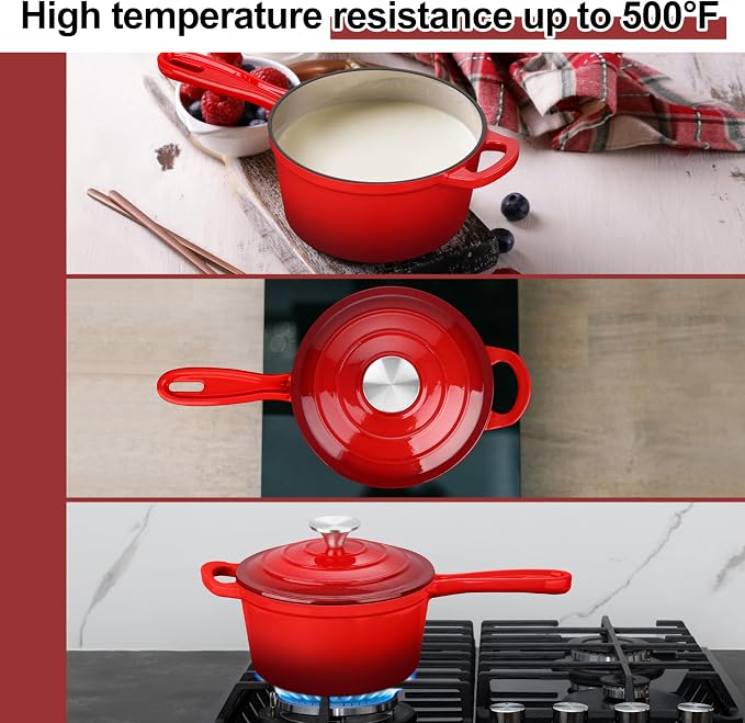 Leonyo 1Qt & 2Qt & 3Qt Enamel Cast Iron Saucepan Set, Enameled Sauce Pan with Lid, Cast Iron Dutch Oven Kitchen Pot Cookware for All Cooktops Cooking Pasta, Milk, Red