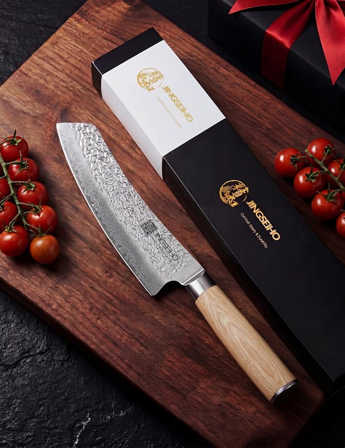 Santoku Knife 7 inch, Lab Tested Ultra and Long-lasting Sharp, VG-10 Core HRC60-62 Damascus Stainless Steel, Professional Premium Forged Kitchen Knife
