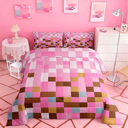 Manfei Pixelated Grid Bedding Set for Boys Girls,Games Gamepad Miners All Season Cozy Comforter Set Full Size,Geometric Grid Square Pink Blocks Duvet Set Bedroom Decor,Personalized Birthday Gifts