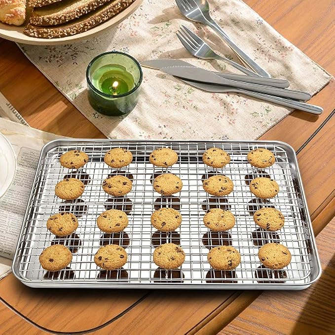 Baking Supplies, Baking Sheet & Rack Set [2 Sheets + 2 Racks], Baking Tray, Stainless Steel Cookie Pan with Cooling Rack, Non Toxic & Heavy Duty & Easy Clean (9 x 7 x 1 inch)