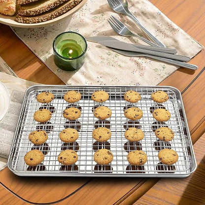 Baking Supplies, Baking Sheet & Rack Set [2 Sheets + 2 Racks], Baking Tray, Stainless Steel Cookie Pan with Cooling Rack, Non Toxic & Heavy Duty & Easy Clean (9 x 7 x 1 inch)