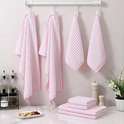 Homaxy Kitchen Towels and Dishcloths Set, 16 x 25 and 12 x 12 Inches, Set of 12 Cotton Terry Kitchen Dish Towels, Super Soft and Absorbent Dish Cloths, Pink