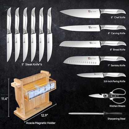SYOKAMI Japanese Knives Set for Kitchen, Magnetic Knife Set with Block and Sharpener, Stainless Steel Knife Set as Gift for Couple, Wedding, Women or Mom with Gift Box, 14 PCS Black Dot