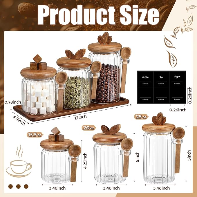Suclain 3 Pcs Glass Coffee Container with Acacia Wood Lid & Spoon, 25oz, 20.3oz, 15oz Airtight Glass Jar with Wooden Shelf, Food Storage Containers Coffee Jar Tea Container(Acacia Color)
