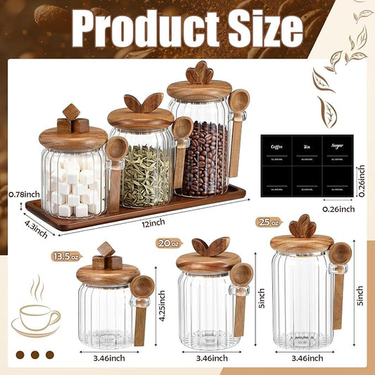 Suclain 3 Pcs Glass Coffee Container with Acacia Wood Lid & Spoon, 25oz, 20.3oz, 15oz Airtight Glass Jar with Wooden Shelf, Food Storage Containers Coffee Jar Tea Container(Acacia Color)