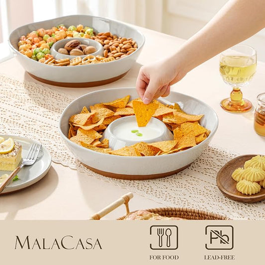 MALACASA Ceramic Chips and Dip Serving Tray, 12 Inch Large Divided Bowls Set for Salsa, Veggies & Dip, Appetizers, Snacks, Free-Form Serving Dish Platter for Parties Hosting & Entertaining, Gray