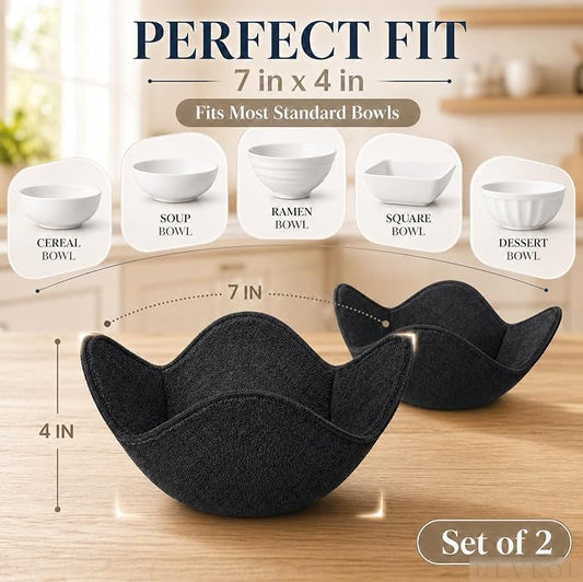 Set 2X Black 7" sq. x 4"H Polyester Microwave Bowl Holder Potholders - Microwavable Soup Bowl Cozy - Hot Pads Holders for Hot Food Quilted - Bowl Cozies for Microwave Kitchen Accessories, Gadgets