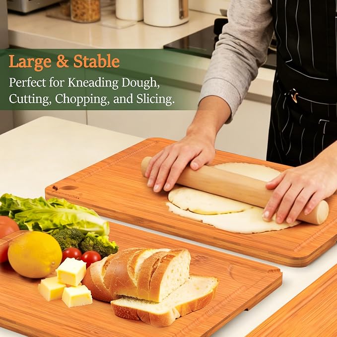 Cutting Board Set of 2,Chopping Boards for Kitchen Meal Prep,Large and X-Large Wood Cutting Boards for Meat, Vegetables and Fruit, Deep Carbonized Bamboo Boards for Daily Cooking and Small Kitchen