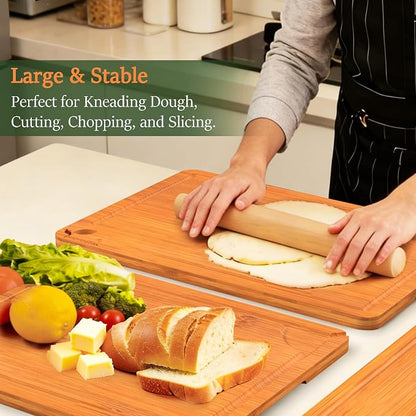 Cutting Board Set of 2,Chopping Boards for Kitchen Meal Prep,Large and X-Large Wood Cutting Boards for Meat, Vegetables and Fruit, Deep Carbonized Bamboo Boards for Daily Cooking and Small Kitchen
