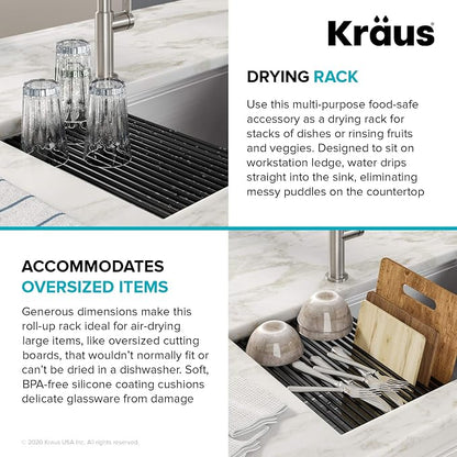Kraus Multipurpose Workstation Sink Roll-Up Dish Drying Rack, Colander and Trivet in Black, KRM-11BL (Pack of 2)