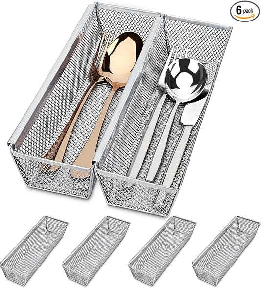 Smgmg Silverware Drawer Organizer, Cutlery Drawer Organizer, 6 Pack Utensil Drawer Organizer, Kitchen Utensils, Flatware Organizer with Interlocking Arm (9.6 * 3 * 2 inch, Grey)