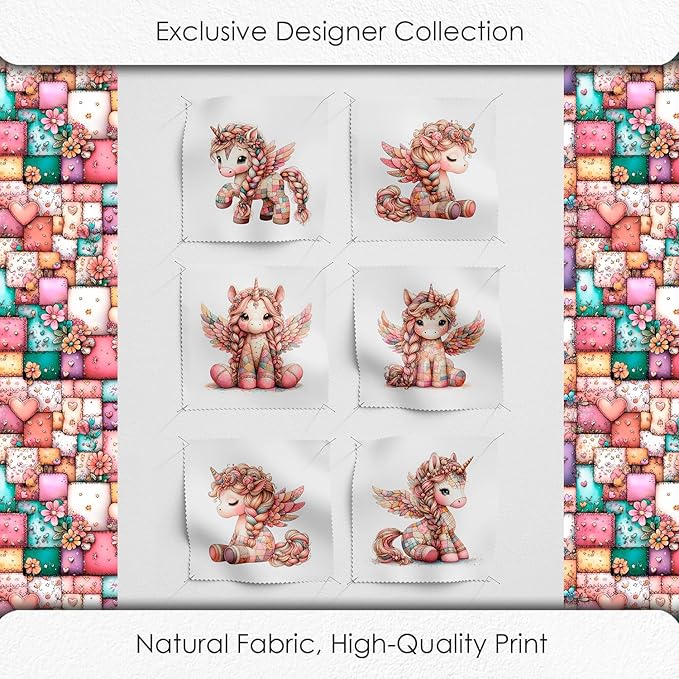 Unicorn Patchwork Cotton Fabric Panel – 6 Designs (10×10 inch Each) + Bonus Patchwork Sheet 29.5×19.6 inch, 100% Cotton 140 GSM