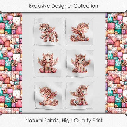 Unicorn Patchwork Cotton Fabric Panel – 6 Designs (10×10 inch Each) + Bonus Patchwork Sheet 29.5×19.6 inch, 100% Cotton 140 GSM