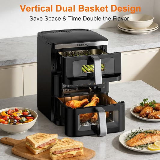 13QT Dual-Basket Air Fryers, Vertical Compact Large Air Fryers with viewing window & Independent Light, 10-in-1 Presets for Home Family, Bake/Dehydrate/Reheat, Double Zone Air Fryer Dishwasher-Safe