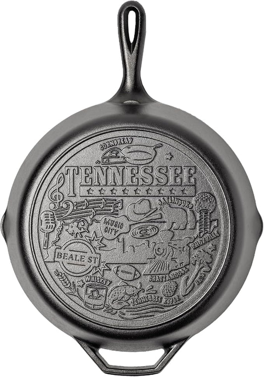 Lodge 12 Inch Cast Iron Skillet – Pre-Seasoned Frying Pan with Teardrop Handle – Oven, Stovetop, Grill & Campfire Use – Made in USA – Non-Toxic, Even-Heating Cookware – Tennessee