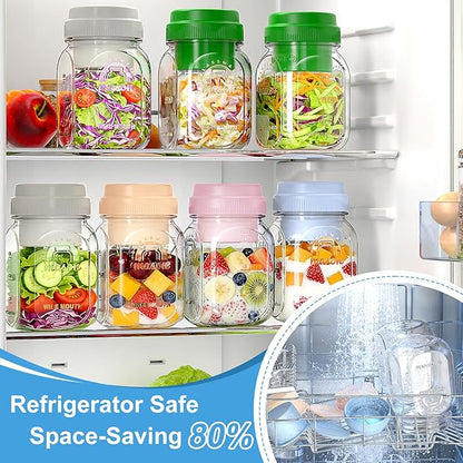 [UPGRADE] 4 Pack Green Salad Jars with Lids and Airtight Silicone Dressing Cup, Square Glass Salad Container for Lunch with Foldable Fork for Men/Women, 32 Oz Mason Jar for Overnight Oats Meal Prep