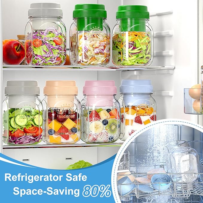 [UPGRADE] 1 Pack Glass Salad Pod with Silicone Divider Container for Lunch Meal Prep, Leakproof Salad Jar with Lid & Fork, Separation Divider for Dressing Sauces & Dry Ingredients, 32 oz Mason Jar