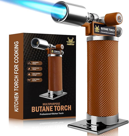 RAVS Butane Torch Lighter, Premium Metal Kitchen Torch with Adjustable Flame & Safety Buckle, Cooking Torch for Creme Brulee, BBQ, Welding, DIY, Brown, Butane Gas Not Included