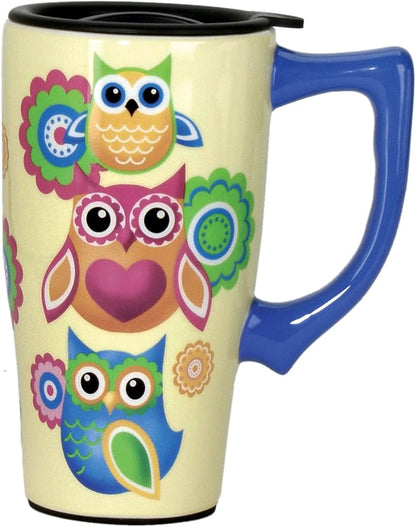 Spoontiques Owls Ceramic Travel Coffee Mug with Lid and Handle - Spill Proof Lid - Double Walled Mug for Hot and Cold Beverages - Microwave and Dishwasher Safe