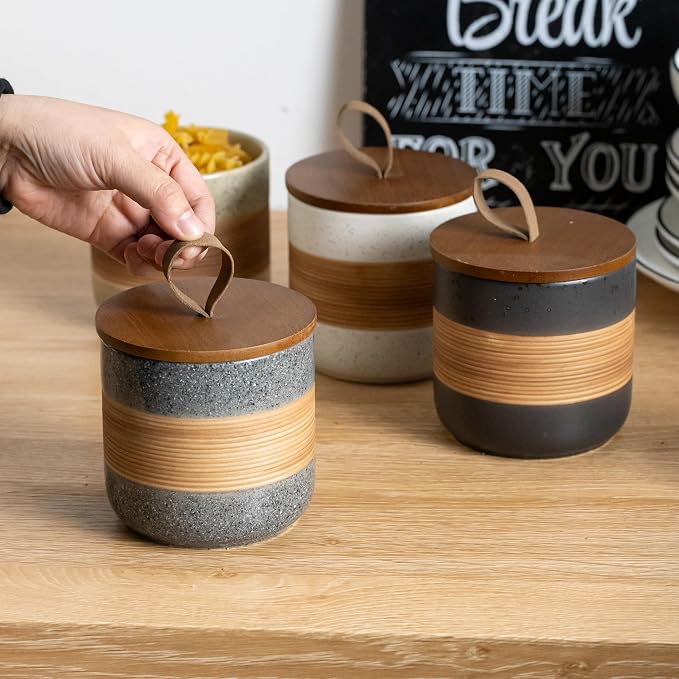 Miamolo Ceramic Jar with Lid Airtight, Coffee Container Kitchen Food Storage Jars for Spice Sugar Tea Bag, Stackable Decorative Jars for Countertop, Grey & 18 fl.oz