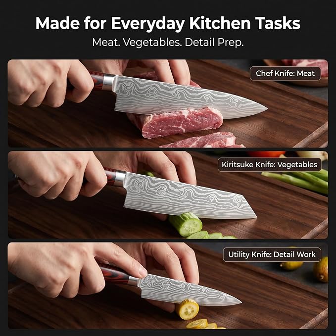 3-Piece Kitchen Knife Set, High Carbon Stainless Steel Sharp Knives with Sheaths - 8" Chef, 7.5" Kiritsuke, 5" Utility Knives for Home Cooks, Cooking, Meat & Vegetables