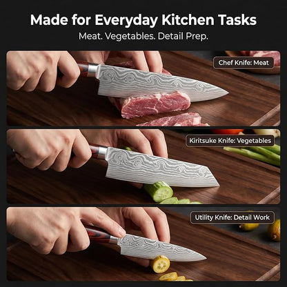 3-Piece Kitchen Knife Set, High Carbon Stainless Steel Sharp Knives with Sheaths - 8" Chef, 7.5" Kiritsuke, 5" Utility Knives for Home Cooks, Cooking, Meat & Vegetables