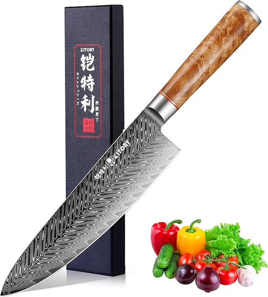 Kitory Damascus Chef Knife, 8" Ultra Sharp Kitchen knife - High Carbon 73-Layer 10Cr15CoMoV Stainless Steel - with White Shadow Wood Handle, for Kitchen and Restaurant, 2025 Gift