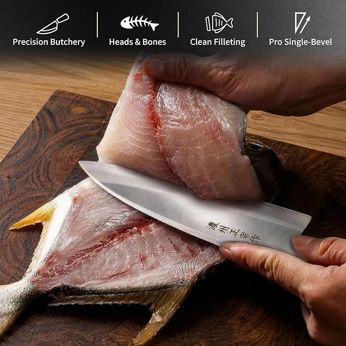 6 Inch Deba Knife, Made in Japan, Right-Handed Single Bevel SK-5 High Carbon Steel, Ultra Sharp 4.1mm Thick Fish Butcher Knife with Octagonal Handle for Fish & Poultry