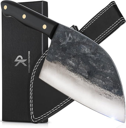 Kitchen perfection Handmade Meat Cleaver Knife for Meat Cutting - Professional 7" Serbian Chef Knife Made of High Carbon Steel Hand Sharpen Butcher Knife with Leather Sheath, Unique Gifts for Men