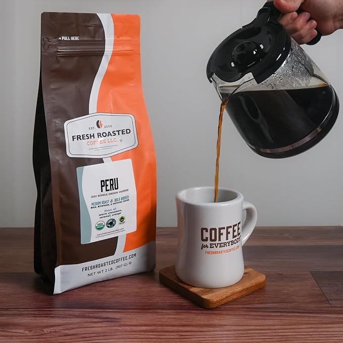 Fresh Roasted Coffee, Organic Peru Whole Bean Coffee, Medium Roast, USDA Organic, 3rd Party Tested for Mold, Mycotoxin & Pesticides, Kosher, 2 lb (32 oz)
