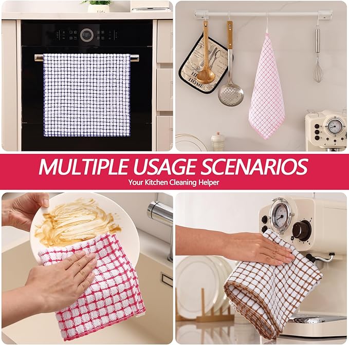 Homaxy Kitchen Towels and Dishcloths Set, 16 x 25 and 12 x 12 Inches, Set of 16 Cotton Terry Kitchen Dish Towels, Super Soft and Absorbent Dish Cloths, Blue/Pink/Red/Brown