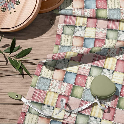 Soft Meadow Patchwork Cotton Fabric Panel, Pastel Floral & Stripe Design, 140 GSM, 61″ × 36.6″ (155 × 93 cm)