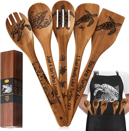 Remerry 6 Pcs Sea turtle Gifts for Women Sea turtle Kitchen Gift Set with Acacia Cooking Spoons Apron Christmas Kitchen Cooking Utensils Set for Christmas Mother's Day Housewarming Gift