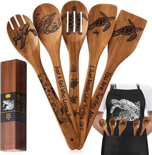 Remerry 6 Pcs Sea turtle Gifts for Women Sea turtle Kitchen Gift Set with Acacia Cooking Spoons Apron Christmas Kitchen Cooking Utensils Set for Christmas Mother's Day Housewarming Gift