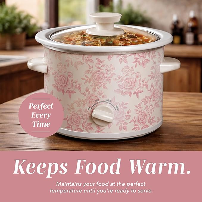 COOK WITH COLOR 2QT Mini Electric Round Slow Cooker - Adjustable Settings, Removable Stoneware Pot, Tempered Glass Lid, Dishwasher Safe, Cool-Touch Side Handles, Floral Pink