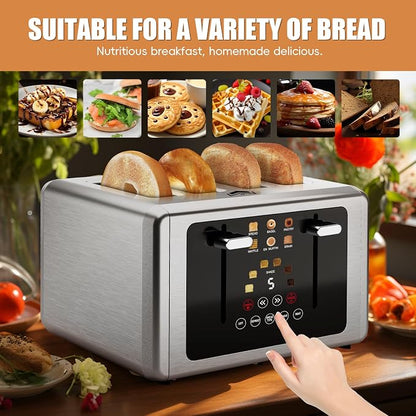 WUNLY 4 Slice Toaster,Touchscreen & Dual Independent Control Panel,5 Basic Functions & Digital Countdown Toasters,6 Shade Settings＆6 Bread Types,Smart Bread Maker Mute/Screen-Off, Stainless Steel