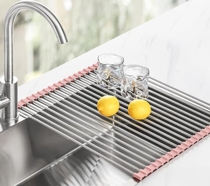 Tomorotec 21" x 15.5" Roll Up Dish Drying Rack Over Sink Drying Rack Sink Cover Kitchen Sink Accessories Gadget Multipurpose Organizer Foldable Stainless Steel Drainer