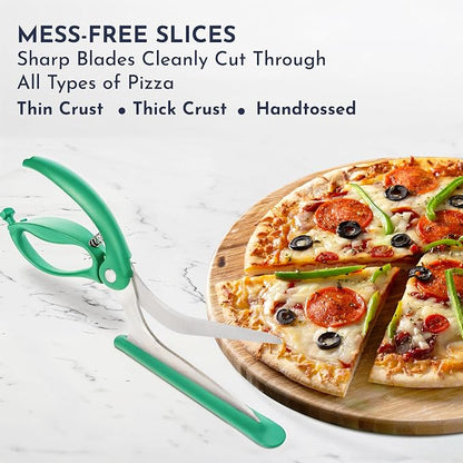 Green Pizza Scissors - Non-Stick Pizza Scissors with Firm Grip Base - Food Grade Stainless Steel Pizza Cutter - 5-in-1 Food Slicer & Pizza Server - Durable, Safe & Mess Free