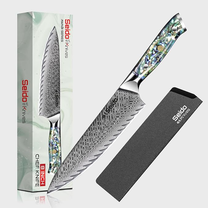 Seido Knives Awabi Gyuto Chef Knife 67 layers of Damascus Steel with a VG-10 Super Steel Core with Abalone Shell Resin Handle