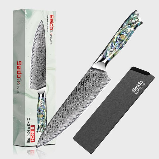 Seido Knives Awabi Gyuto Chef Knife 67 layers of Damascus Steel with a VG-10 Super Steel Core with Abalone Shell Resin Handle
