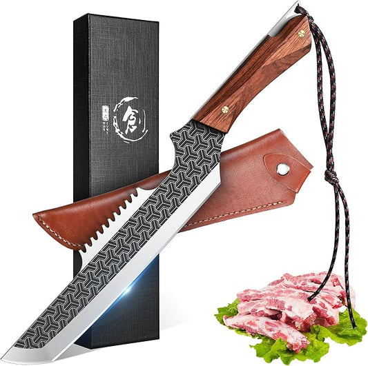 ROCOCO Butcher Meat Cleaver Knife - Boning Knife with Sheath for Kitchen Camping BBQ Birthday Thanksgiving 8.8"
