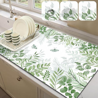 LOKHOM Dish Drying Mat for Kitchen Counter, 17"x32" Absorbent Mat with Green Plant & Butterfly Pattern, Drain Rack Mat for Counter Coffee Maker, Dining Room Decor
