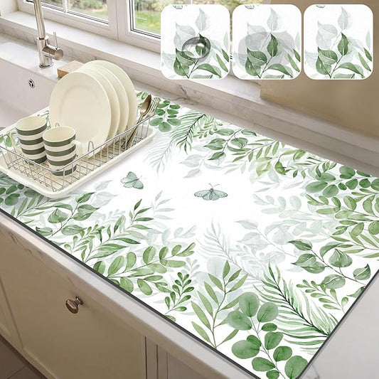 LOKHOM Dish Drying Mat for Kitchen Counter, 17"x32" Absorbent Mat with Green Plant & Butterfly Pattern, Drain Rack Mat for Counter Coffee Maker, Dining Room Decor