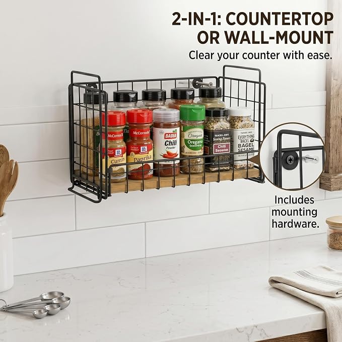 TIEYIPIN 2-Tier Spice Rack Organizer for Countertop, Stackable Metal Wire Kitchen Organization and Storage, Wall Mounted Seasoning Rack with Wooden Base for Cabinet, Pantry, Farmhouse Black