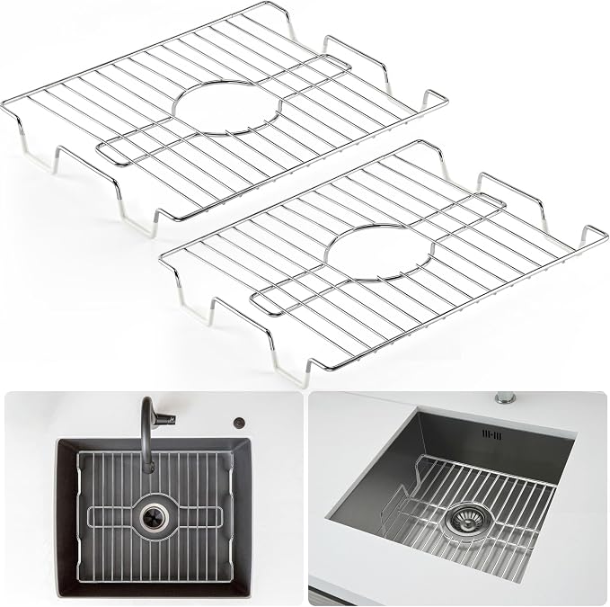 DecorRack Sink Protector for Kitchen Sink, 16" x 13" Metal Dish Drying Rack, Grate with Center Drain, Protects from Stains, Scratches, Dishwasher Safe, Large Size (2 Pack, Chrome)