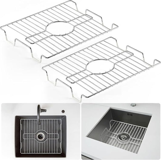 DecorRack Sink Protector for Kitchen Sink, 16" x 13" Metal Dish Drying Rack, Grate with Center Drain, Protects from Stains, Scratches, Dishwasher Safe, Large Size (2 Pack, Chrome)
