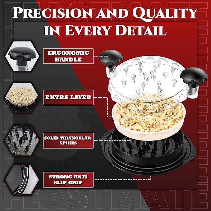Chicken Shredder Tool Twist 10" Upgraded 3-Layer Meat Shredder for Chicken Breast, Pork & Beef | Transparent Visible Lid Food Shredder with Removable Plate, Soap Dispenser Brush, Non-Slip, BPA-Free