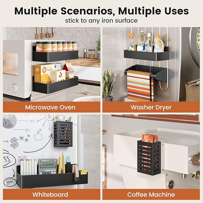 Mystozer Magnetic Spice Rack for Refrigerator,7 Pack Magnetic Shelf,Fridge Magnet Organizer with Paper Towel Holder,Utensils Racks,Hook Rack,Fridge Organizers and Storage Black(7 Pack)