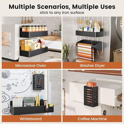Mystozer Magnetic Spice Rack for Refrigerator,7 Pack Magnetic Shelf,Fridge Magnet Organizer with Paper Towel Holder,Utensils Racks,Hook Rack,Fridge Organizers and Storage Black(7 Pack)